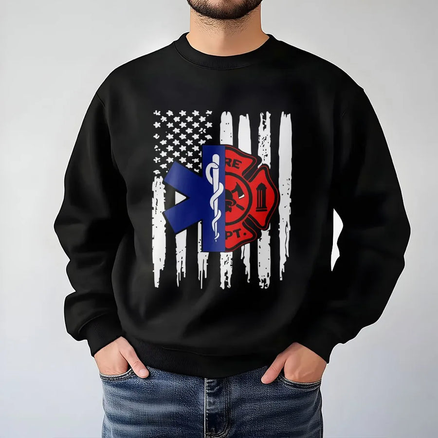 Firefighter EMT Sweatshirt | Distressed American Flag Maltese Cross Star of Life | Premium Cotton Blend | First Responder Hero Appreciation Gift