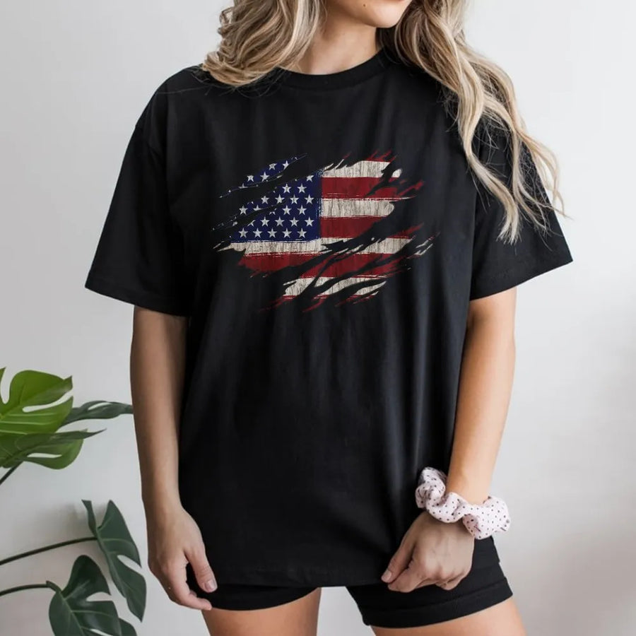 American Flag T-Shirt | Vintage Tattered USA Flag Pullover | Soft Cotton Blend Crewneck | Unisex Patriotic 4th of July Gift