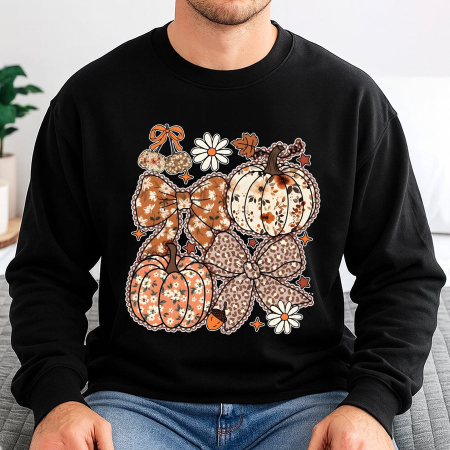 Floral Pumpkin Sweatshirt | Coquette Aesthetic Fall Bow Design | Premium Cotton Blend | Cute Autumn Thanksgiving Gift for Her