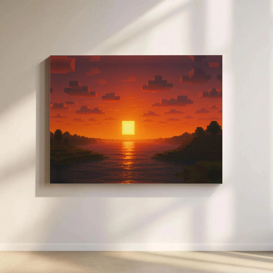 Pixel Art Sunset Canvas Wall Art | Blocky Aesthetic Gaming Decor | Premium Fade-Resistant Print | Gift for Gamers Room