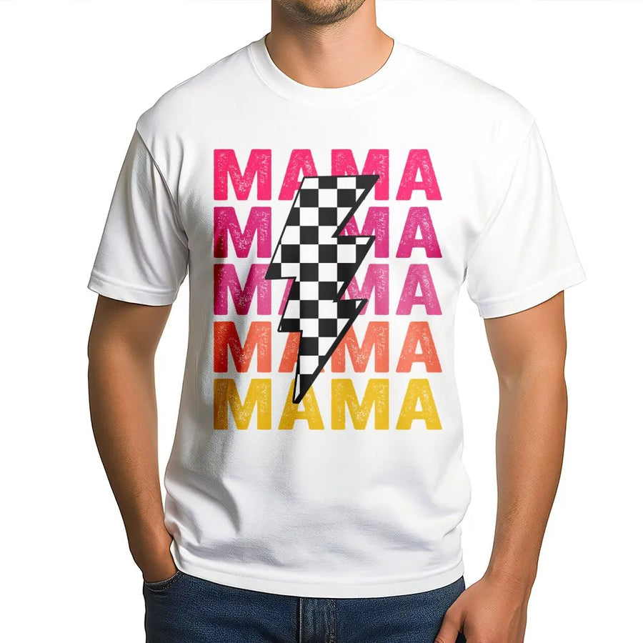 Mama T-Shirt | Checkered Lightning Bolt Retro Design | Premium Soft Cotton Graphic Tee | Trendy Mom Gift for Mother's Day 2026