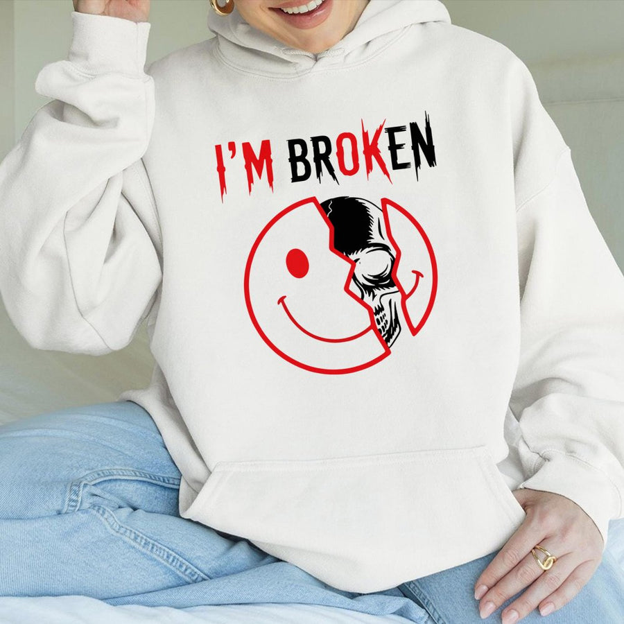I'm Broken Skull Smiley Hoodie | Edgy Distressed Aesthetic Graphic | Soft Cotton-Polyester Blend | Unisex Streetwear Gift for Teens & Adults