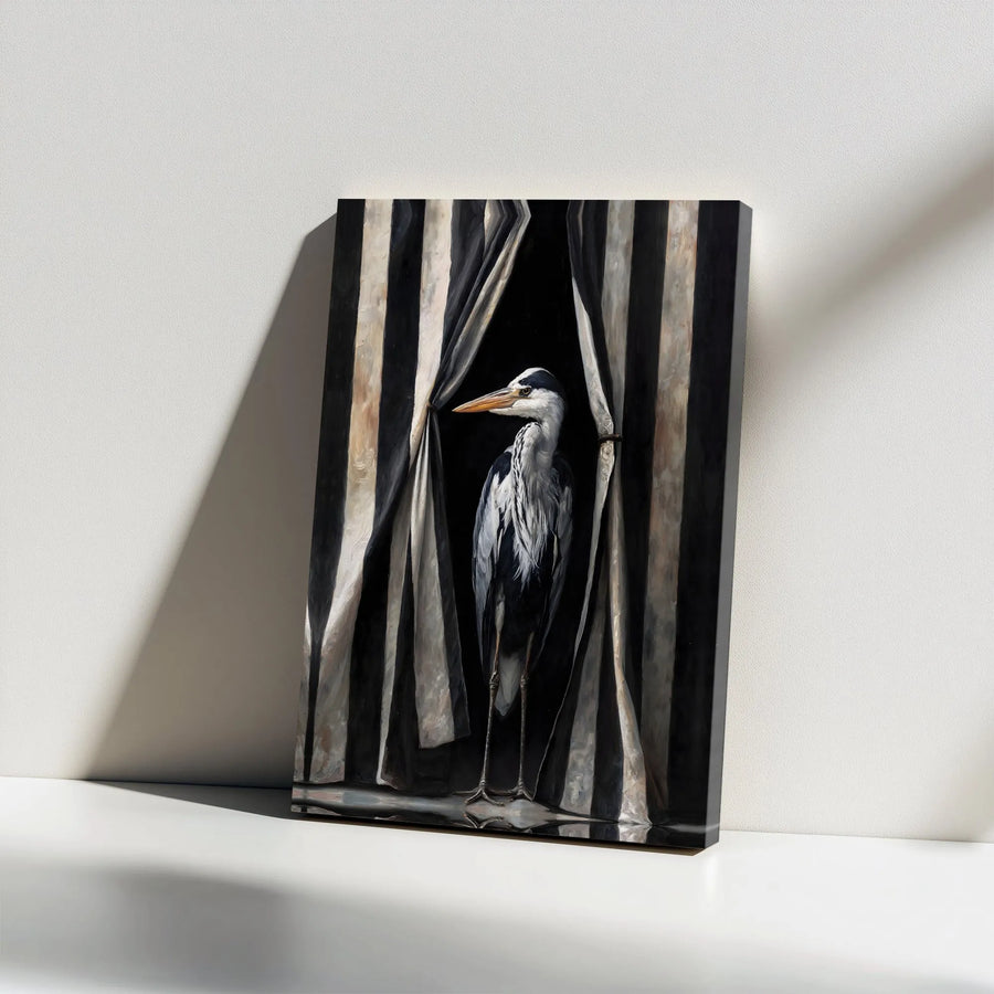 Dramatic Heron Canvas Wall Art | Surreal Bird Painting with Striped Curtains | Premium Gallery Quality Print | Unique Home Decor Collector's Gift