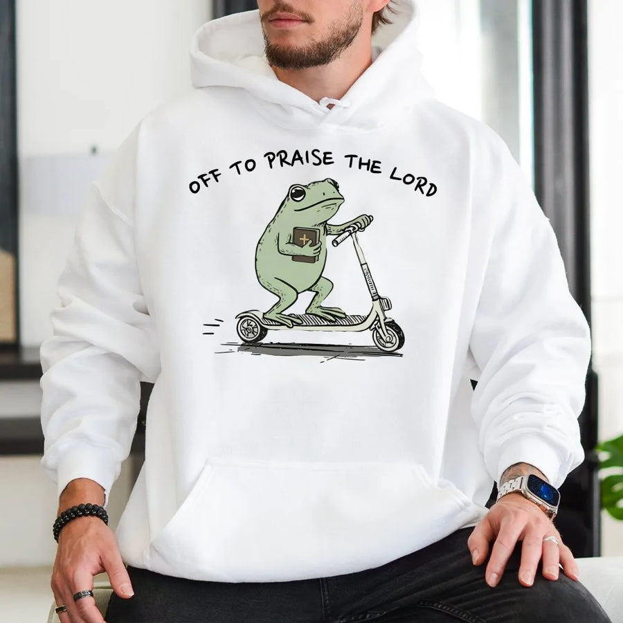 Christian Hoodie | Funny Frog Praising The Lord Design | Premium Cotton-Blend | Religious Gift For Bible Study Lovers