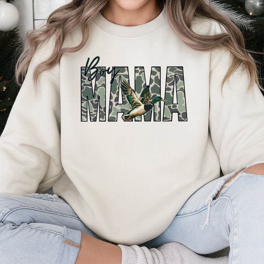 Boy Mama Sweatshirt | Camo Mallard Duck Hunting Design | Premium Cotton Blend | Gift for Outdoorsy Mom