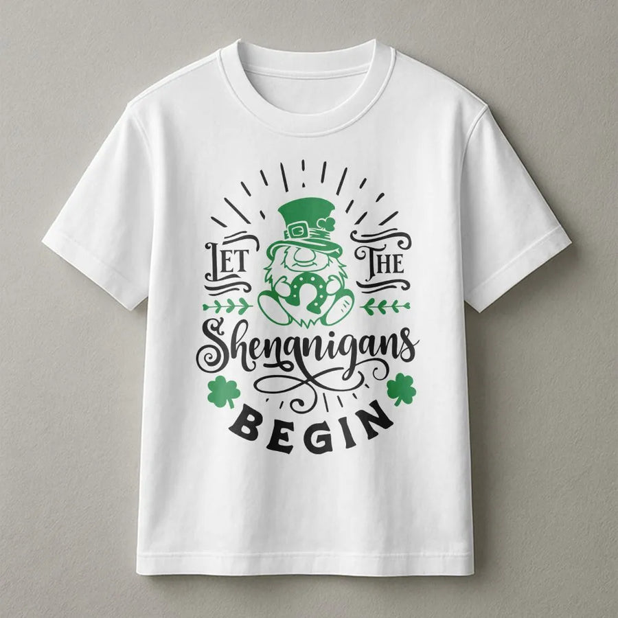 St Patrick's Day Gnome T-Shirt | Let The Shenanigans Begin Irish Graphic Tee | 100% Cotton Premium Comfort | Funny St Patty's Day Party Gift for Her