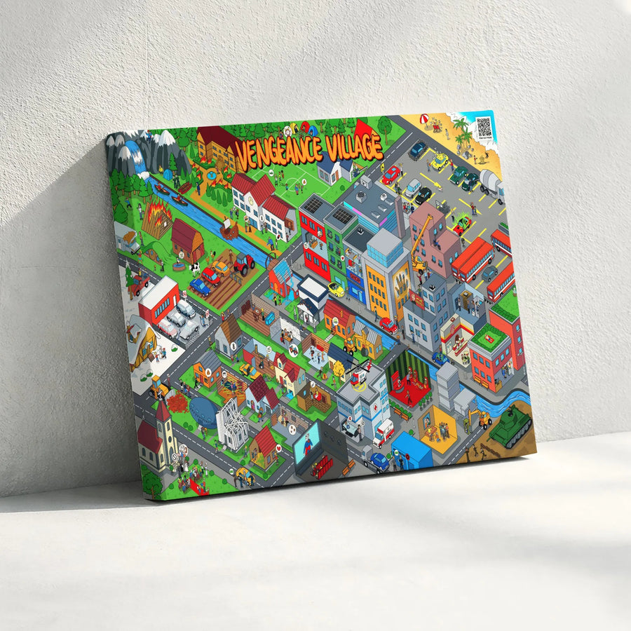 Vengeance Village Canvas Print | Detailed Isometric Seek and Find Art | Premium Gallery Quality Canvas | Unique Game Room Decor Gift