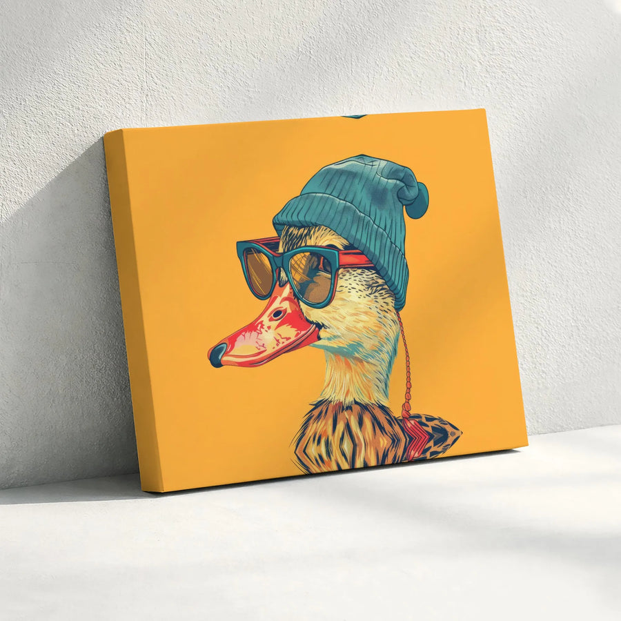 Cool Duck Canvas Wall Art | Hipster Duck with Beanie and Sunglasses Print | Premium Gallery-Wrapped Decor | Unique Gift for Animal Lovers