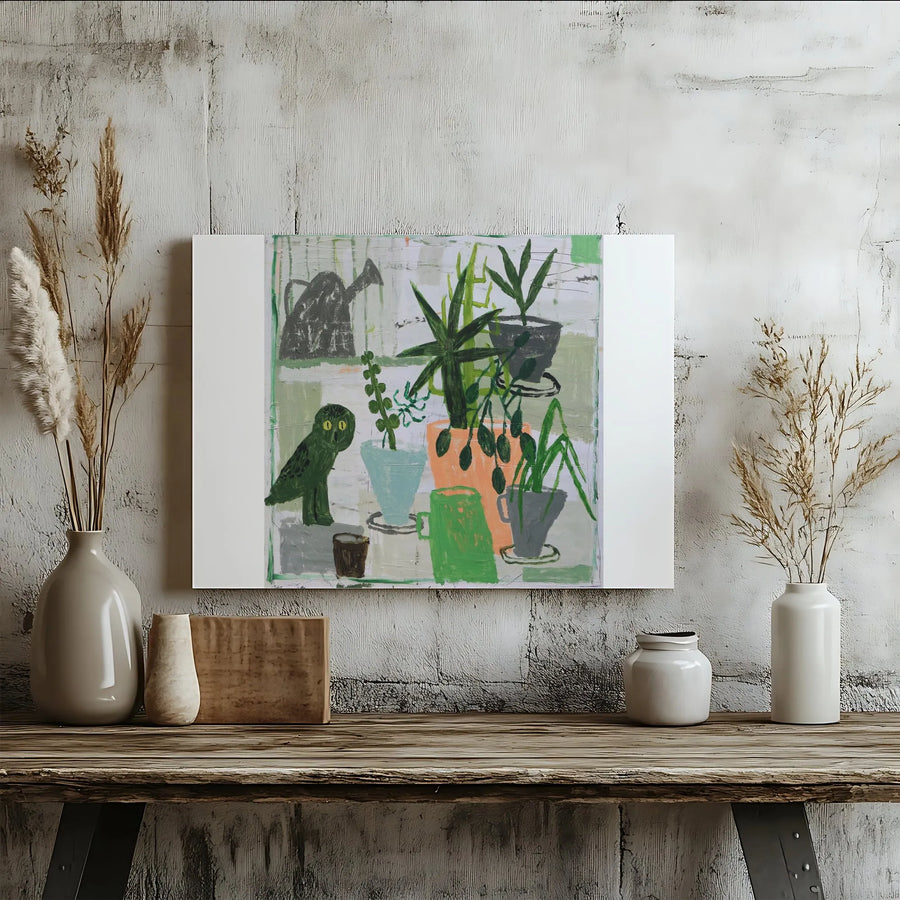 Quirky Owl and Plants Canvas Print | Modern Naive Style Painting | Thick Gallery Wrap Canvas | Modern Home Decor Gift