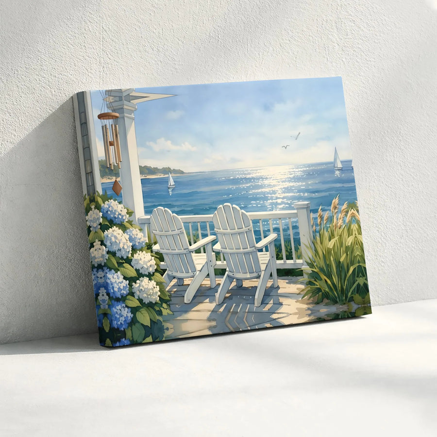 Serene Ocean View Canvas Wall Art | Adirondack Chairs on Porch Painting | Premium Fade-Resistant Print | Nautical Beach House Decor Gift