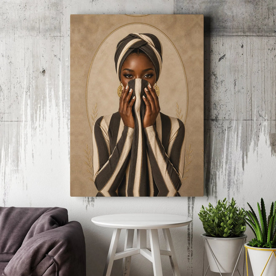 Elegant Black Woman Canvas Art | Mysterious Gaze Portrait with Gold Accents | Premium Gallery Wrap Canvas | Modern Afrocentric Home Decor Gift