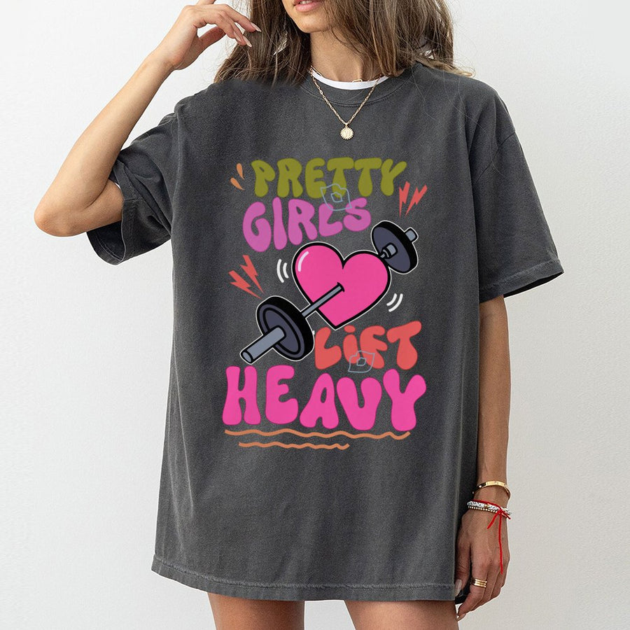 Pretty Girls Lift Heavy T-Shirt | Retro Gym Graphic Design | 100% Cotton Premium Tee | Fitness Gift for Weightlifter Women