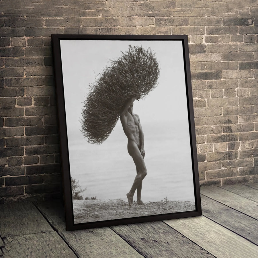 Surreal Man with Tumbleweed Canvas Print | Artistic Black and White Wall Art | Premium Gallery-Wrapped Portrait | Modern Home Decor for Living Room