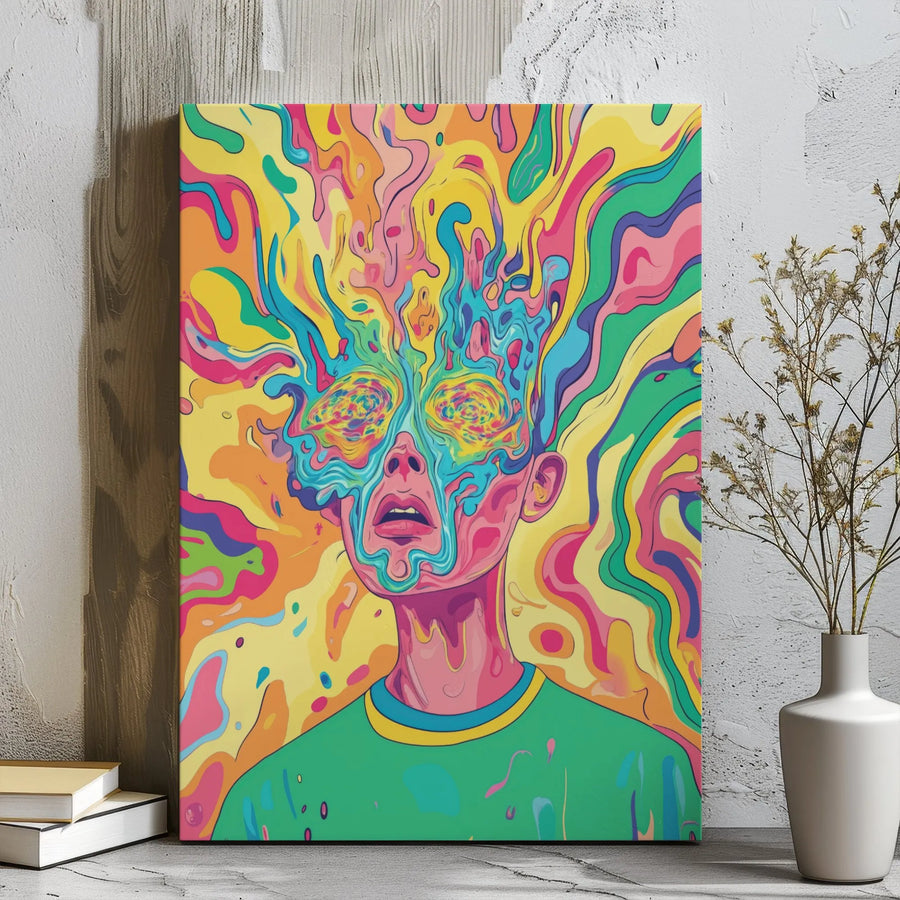 Psychedelic Mind Explosion Canvas | Surreal Melted Face Abstract Art | Premium Gallery Wrap | Vibrant Wall Decor for Office or Living Room