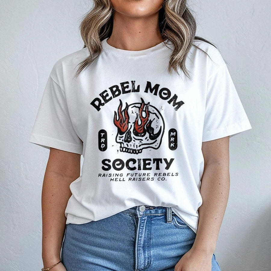 Rebel Mom Society T-Shirt | Retro Grunge Flaming Skull Design | Premium Soft Cotton Tee | Edgy Mama Gift for Mother's Day 2026 & Birthday