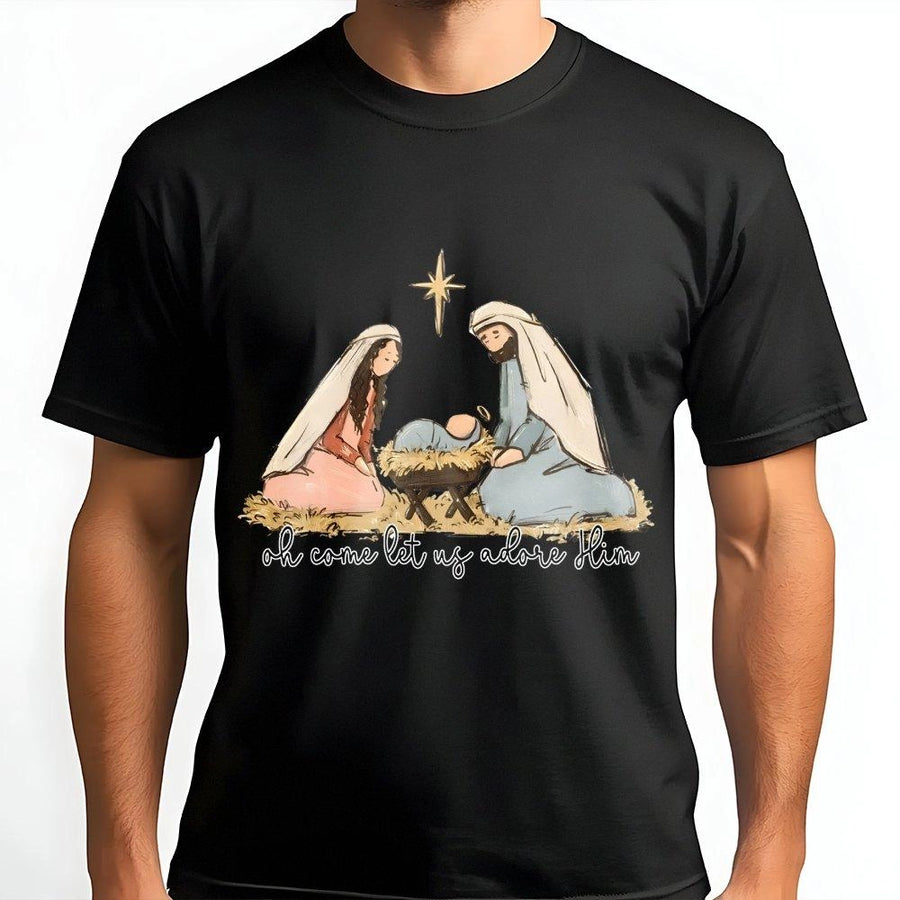 Nativity Scene Graphic T-Shirt | Oh Come Let Us Adore Him Religious Art | Premium 100% Cotton Tee | Christian Christmas Holiday Gift for Women Men