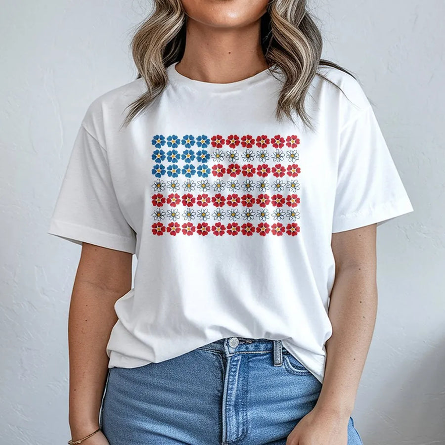 Floral American Flag T-Shirt | Dainty Flower USA Flag Graphic | Soft Cotton Tee | Patriotic 4th of July Gift for Women