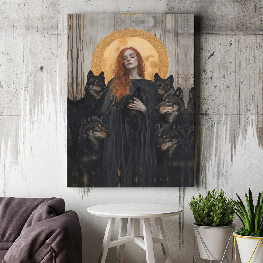 Gothic Wolf Goddess Canvas Wall Art | Golden Halo Surreal Portrait | Premium Gallery Wrap Print | Mystical Home Decor for Living Room