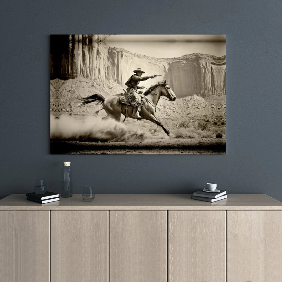 Western Cowboy Wall Art | Vintage Horseback Outlaw Canvas | Premium Gallery Wrapped Decor | Rugged Americana Office or Living Room Gift