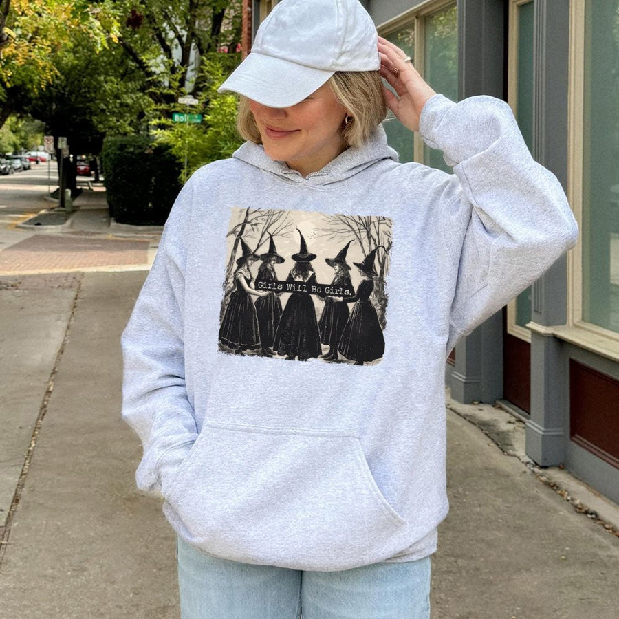 Girls Will Be Girls Witch Hoodie | Vintage Gothic Illustration Graphic | Premium Cotton Blend Pullover | Feminist Occult Gift for Women