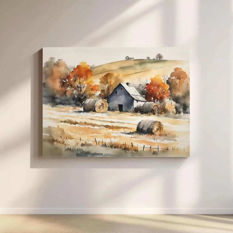 Rustic Autumn Barn Canvas Print | Watercolor Farmhouse Harvest Landscape | 1.25 Inch Gallery Wrap | Fall Home Decor Wall Art