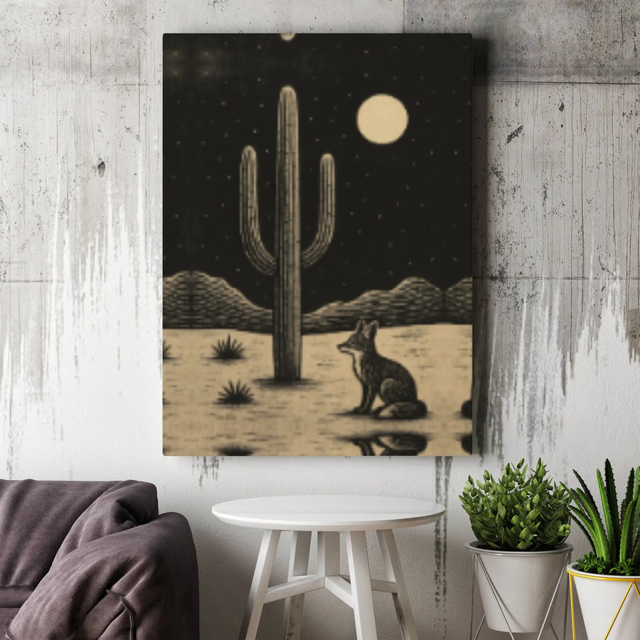 Desert Coyote Canvas Wall Art | Saguaro Cactus Moon Night Landscape | Premium Gallery Wrap Print | Southwestern Home Decor Gift