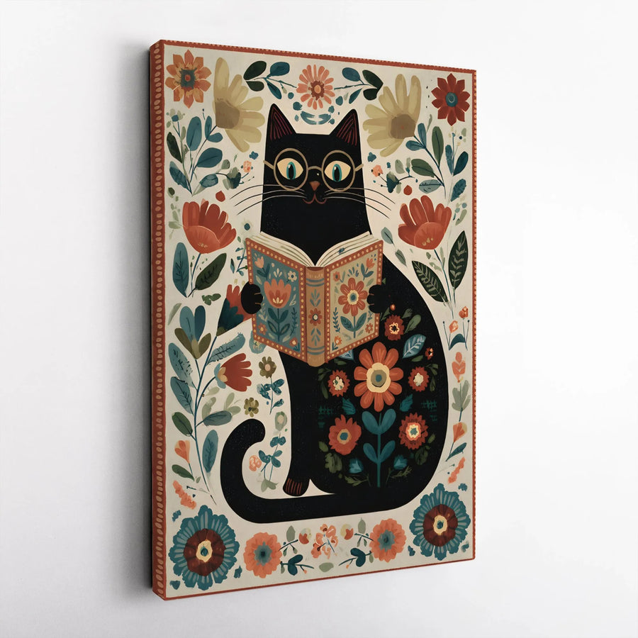 Folk Art Black Cat Vertical Canvas | Botanical Book Lover Wall Art | Premium Thick Gallery Print | Collector's Gift for Librarian Home Decor