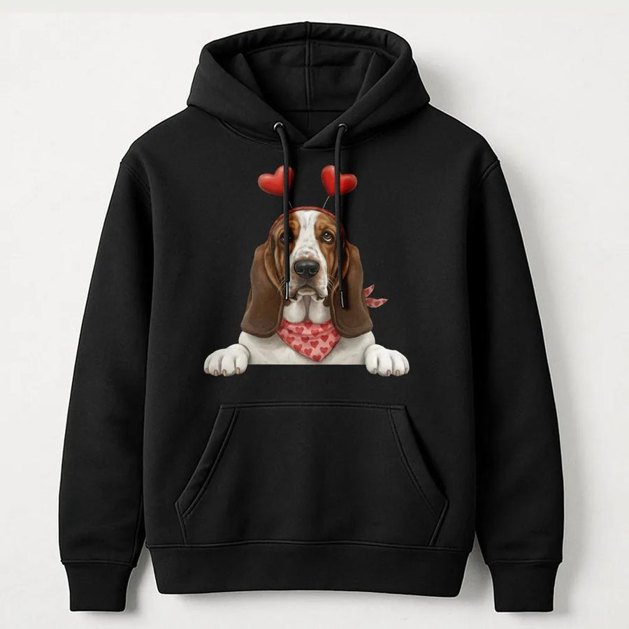 Basset Hound Valentine Hoodie | Cute Love Heart Dog Print | Premium Cotton Blend | Gift for Dog Mom and Valentine's Day Lovers