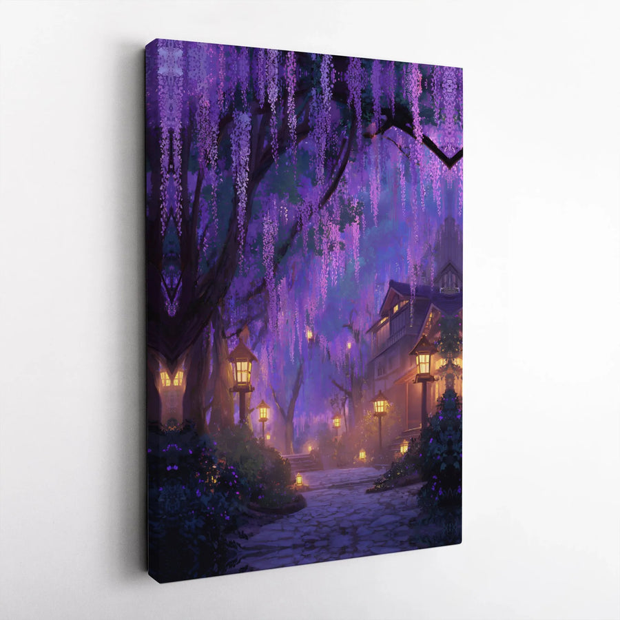 Japanese Wisteria Garden Canvas Art | Enchanting Glowing Lantern Path | Premium Gallery-Wrapped Wall Decor | Magical Zen Nature Gift