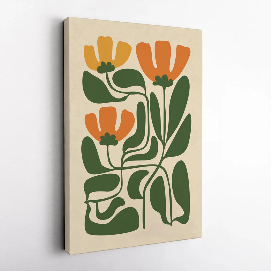 Retro Floral Canvas Wall Art | Abstract Botanical Illustration | Premium Gallery Wrapped Canvas | Mid Century Modern Art for Living Room Gift