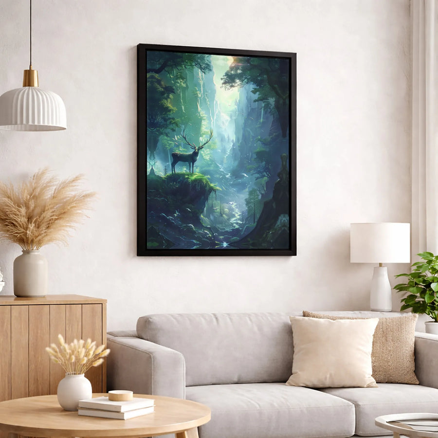 Majestic Stag Canvas Wall Art | Ethereal Forest Canyon Landscape | Premium Gallery-Wrapped Print | Wildlife Nature Home Decor Gift