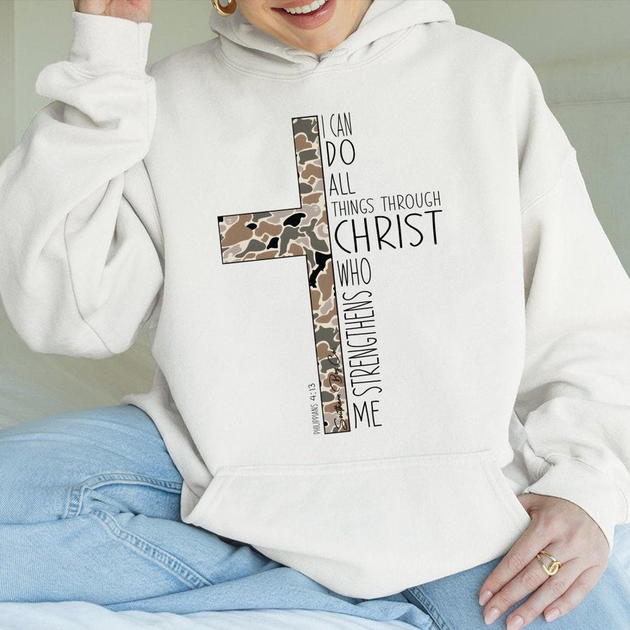 I Can Do All Things Through Christ Hoodie | Camo Cross Religious Graphic | Premium Cotton Blend | Faith-Based Inspirational Gift For Believers