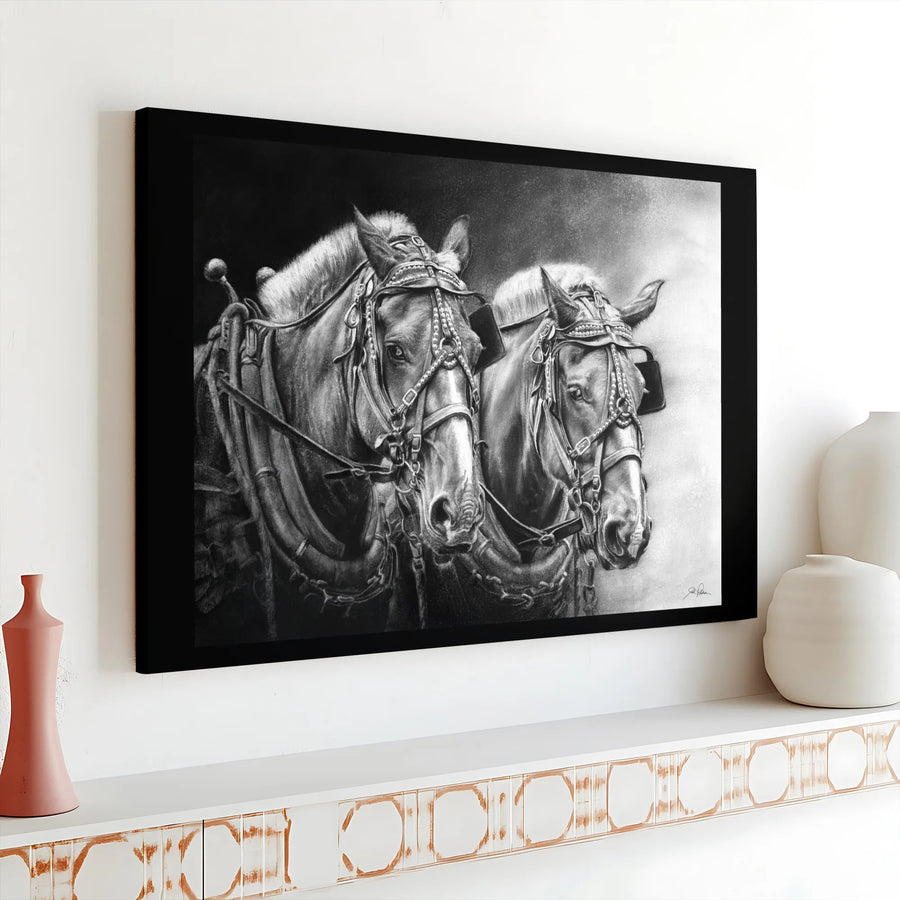 Draft Horses Canvas Wall Art | Charcoal Sketch Farmhouse Decor | Premium Gallery Wrap Print | Horse Lover Equestrian Gift