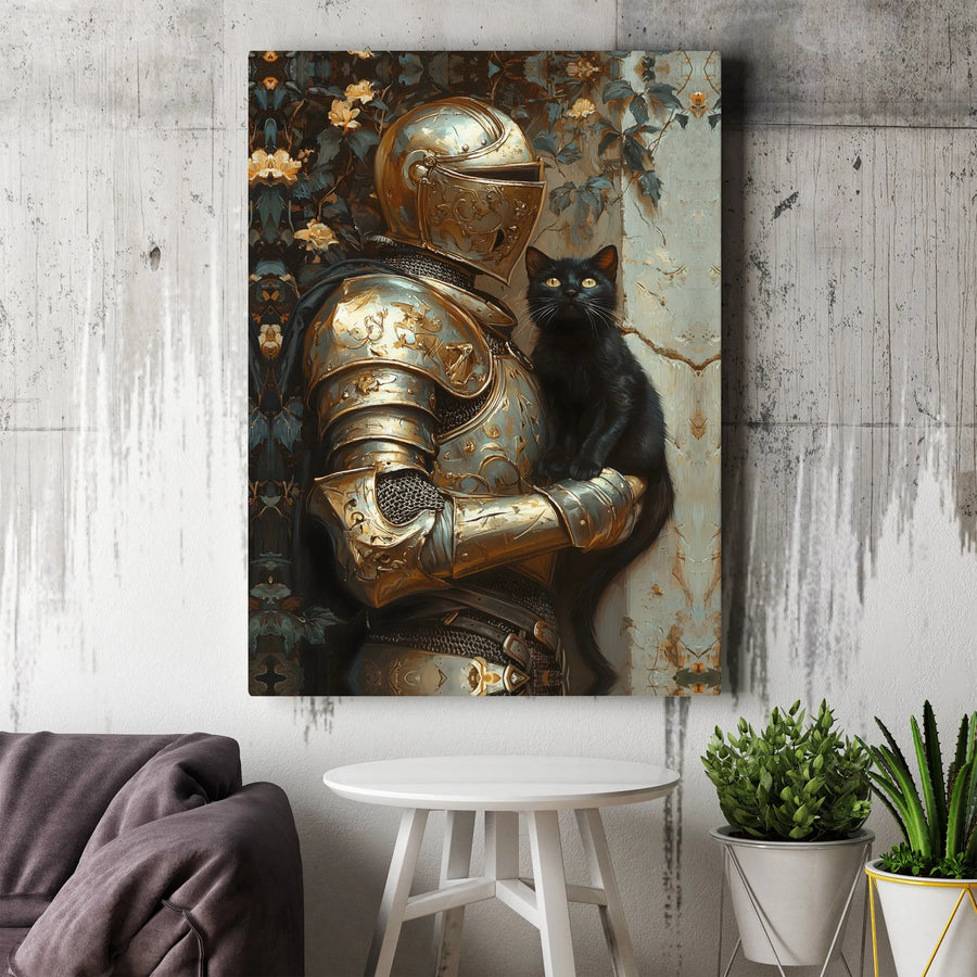 Knight and Black Cat Canvas Art | Golden Armor Fantasy Painting | Premium Gallery Wrapped Decor | Unique Gift for Cat Lovers & History Buffs