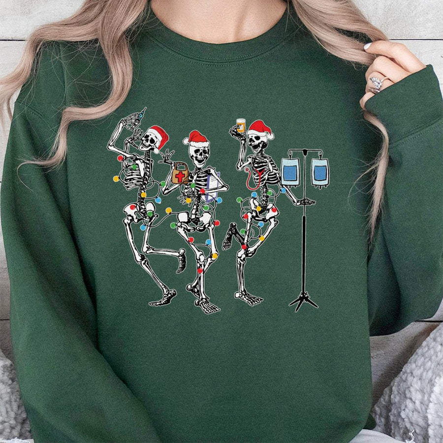 Christmas Nurse Sweatshirt | Dancing Skeletons Holiday Medical Design | Premium Cotton Blend | Funny RN Nursing Student Christmas Gift
