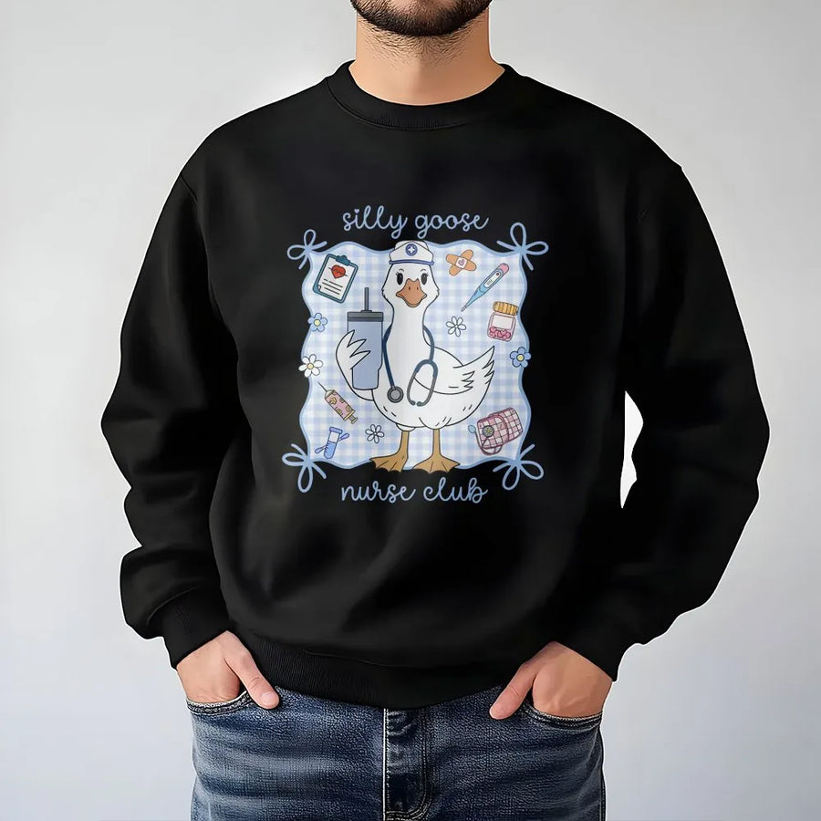 Silly Goose Nurse Club Sweatshirt | Funny Cartoon Goose Graphic | Premium Comfort Colors Cotton Tee | Gift for RN, Nursing Student, ER Nurse