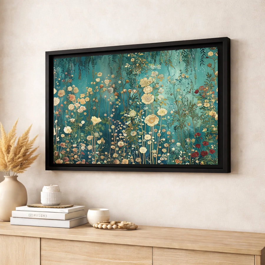 Teal Wildflower Meadow Canvas Wall Art | Botanical Floral Illustration | Gallery Quality Fade-Resistant Print | Elegant Home Office Decor Gift
