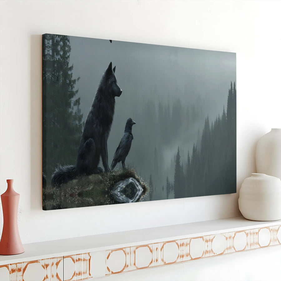 Wolf and Raven Canvas Wall Art | Mystical Misty Forest Scene | Premium Gallery Canvas Print | Collector's Gift for Norse Mythology Fans