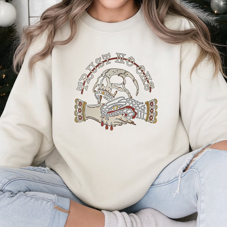 Trust No One Skull Sweatshirt | Gothic Tattoo Style Graphic Tee | Premium Cotton Blend Unisex Crewneck | Edgy Alt Fashion Gift For Her