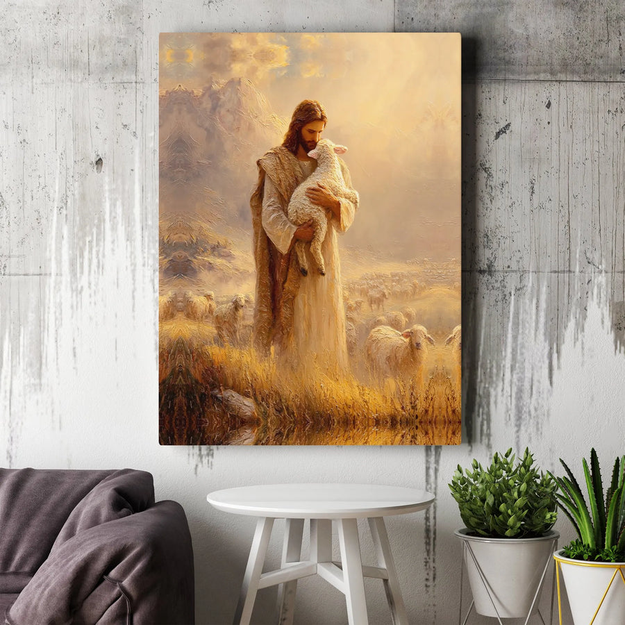 Jesus The Good Shepherd Canvas Wall Art | Jesus Holding Lamb Painting Print | Premium Frameless Gallery Wrap | Christian Home Decor Spiritual Gift