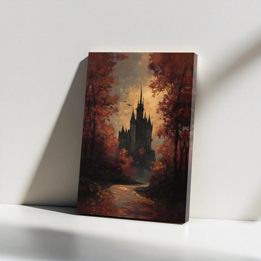 Gothic Castle Canvas Wall Art | Haunted Autumn Forest Painting | Premium Thick Gallery Wrap | Dark Fantasy Home Decor Gift