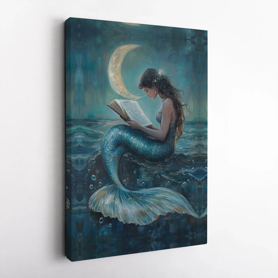 Mermaid Reading Canvas Print | Moonlit Ocean Book Lover Art | Premium Gallery Wrapped Canvas | Collector's Gift for Fantasy Art Lovers