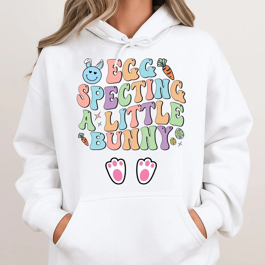 Eggspecting A Little Bunny Hoodie | Retro Easter Pregnancy Announcement Design | Premium Cotton Blend | Funny Expecting Mom Gift
