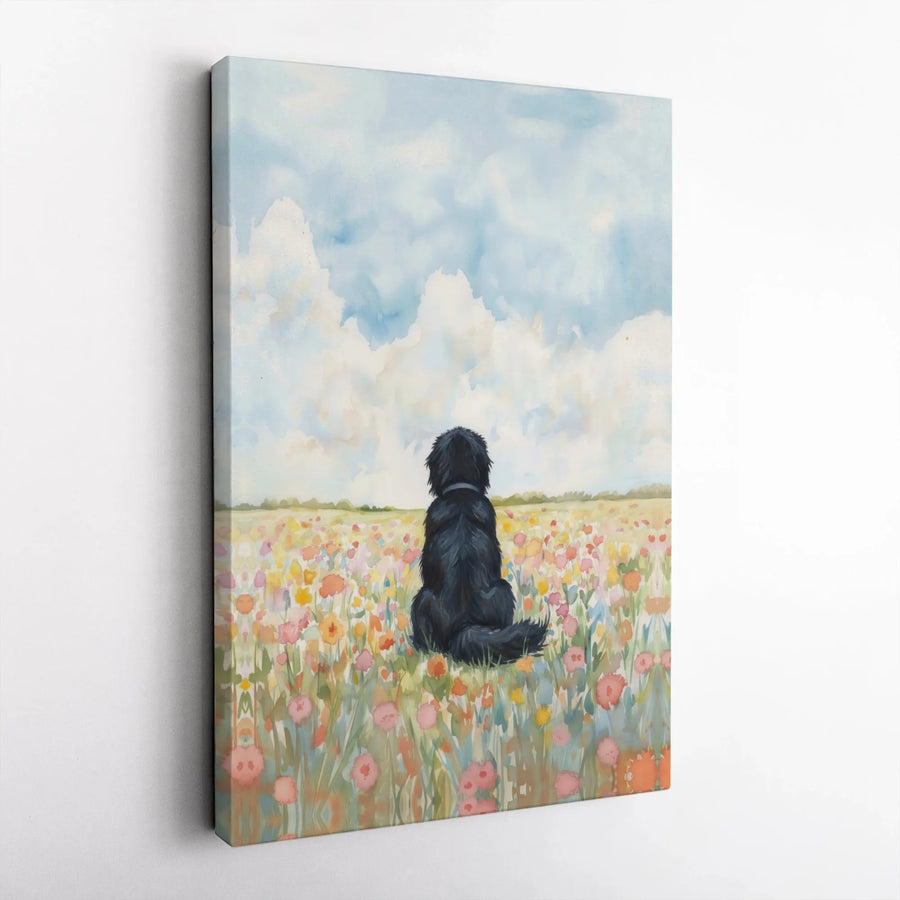 Black Dog in Meadow Canvas Art | Watercolor Wildflower Field Print | Premium Gallery Wrapped Canvas | Gift for Dog Lover, Farmhouse Wall Decor