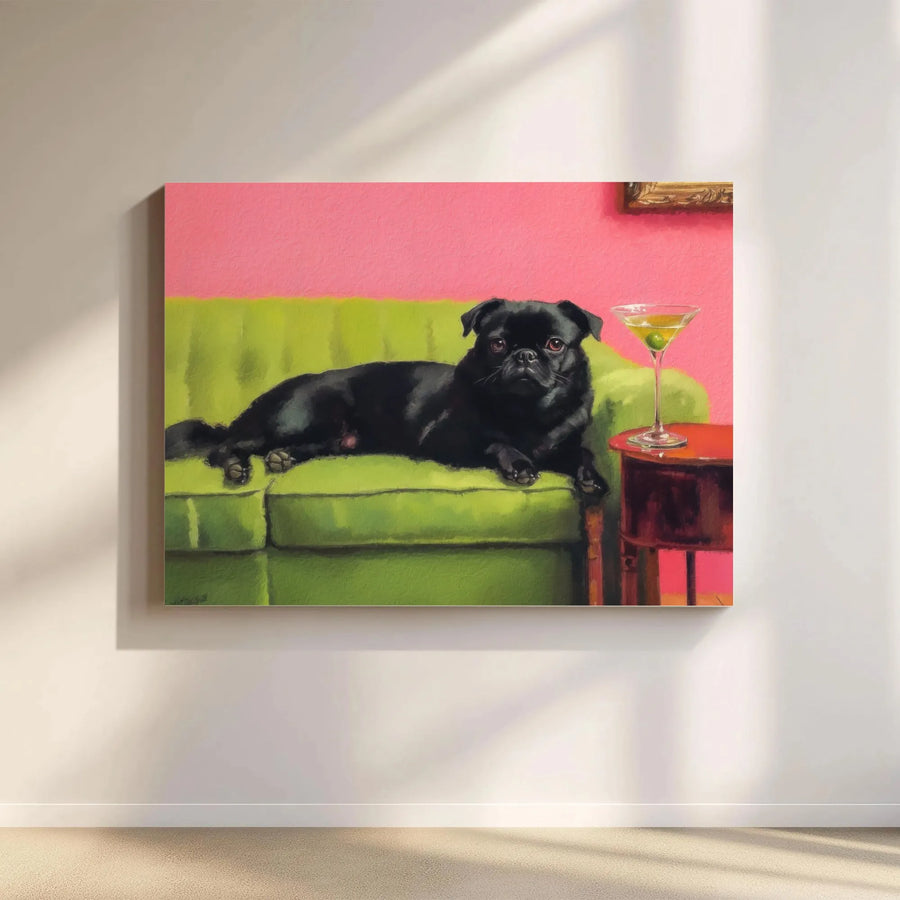 Black Pug Wall Art | Whimsical Dog Lounging on Couch with Martini | Gallery-Quality 1.25” Canvas | Unique Pet Lover Home Decor Gift