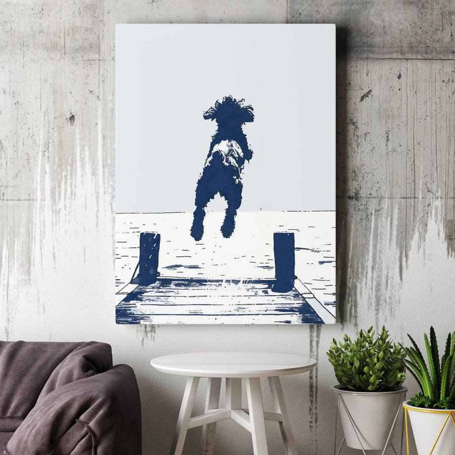 Jumping Doodle Canvas Print | Minimalist Dog Jumping Off Dock | Premium Thick Gallery Wrap Canvas | Modern Wall Art Gift for Dog Lover