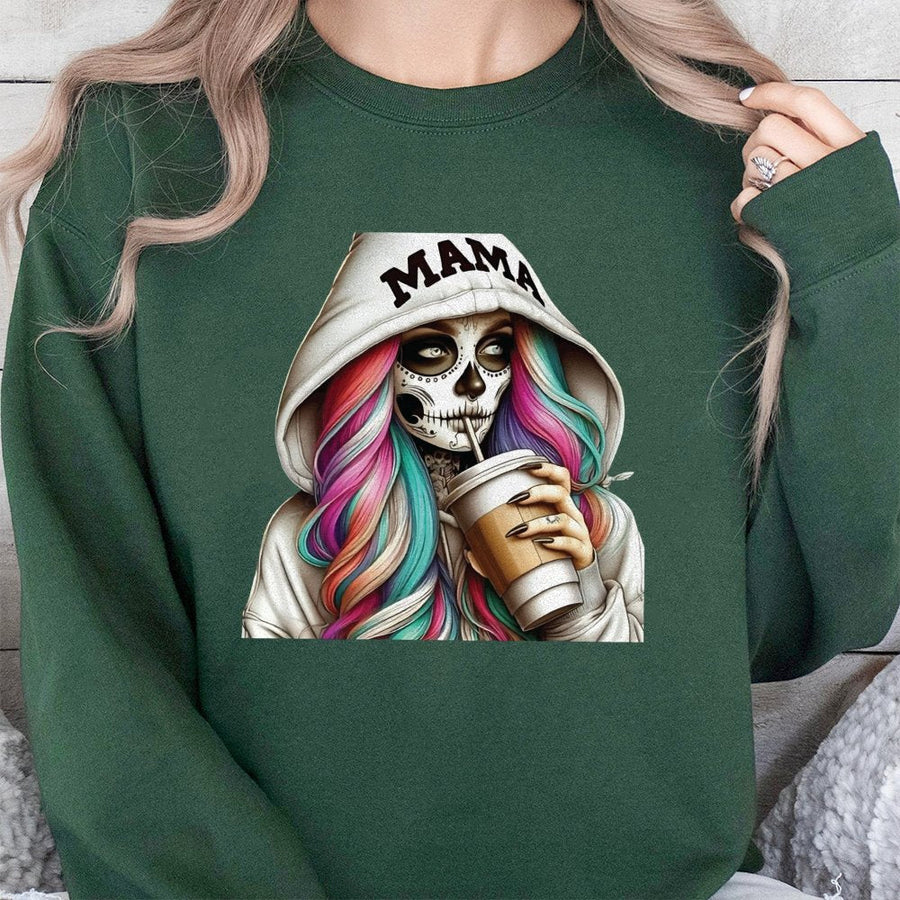 Mama Skeleton Coffee Graphic Sweatshirt | Spooky Halloween Rainbow Hair Design | Premium Cotton Blend Crewneck | Trendy Mom Gift for Pumpkin Spice Season