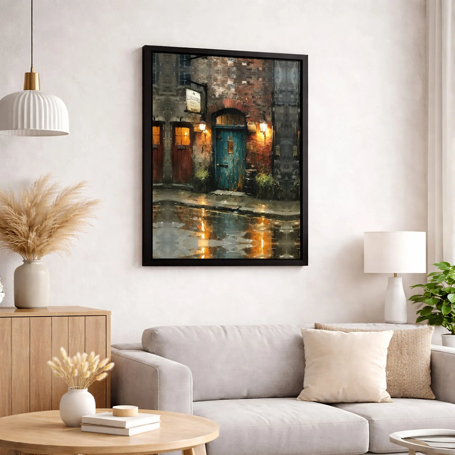 Rainy European Street Canvas Wall Art | Moody Teal Door Impressionist Print | Premium Gallery-Wrapped Decor | Gift for Art Lovers