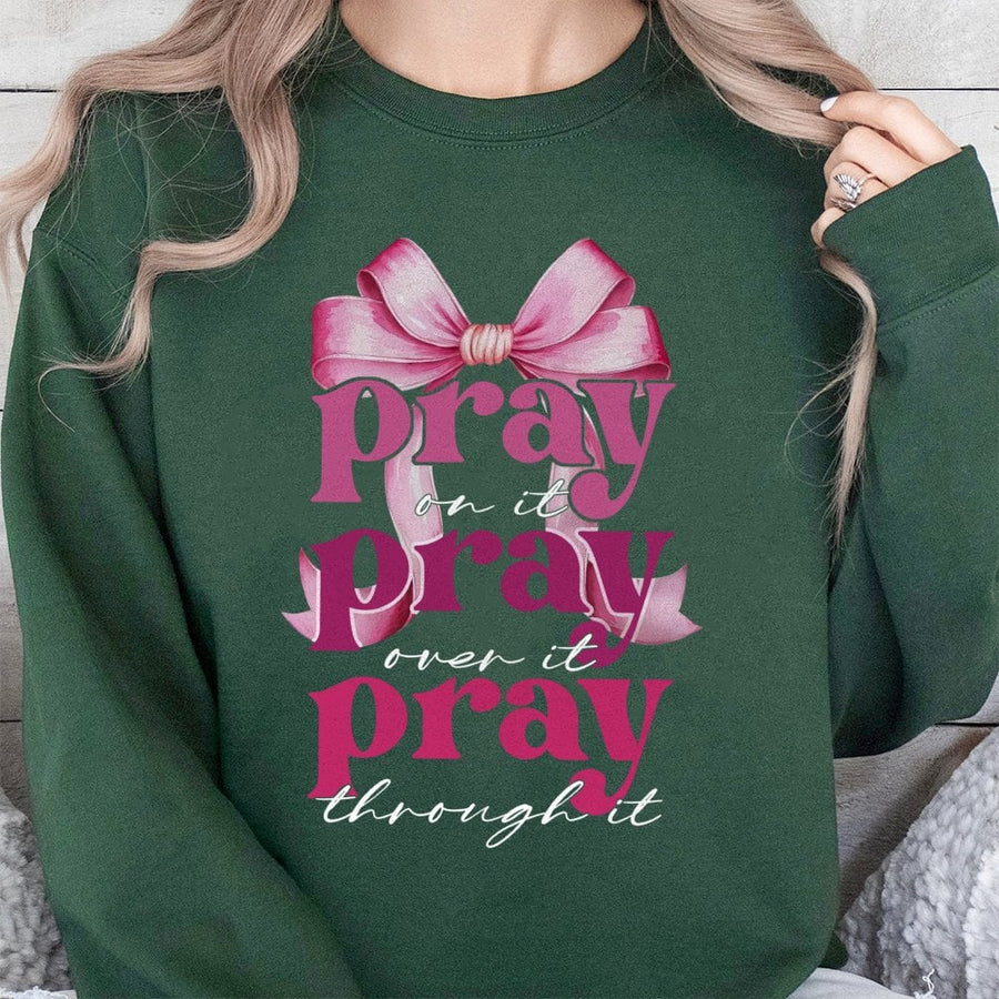 Pray On It Sweatshirt | Pink Coquette Bow Christian Design | Premium Cotton Blend | Faith-Based Gift for Her Religious Apparel