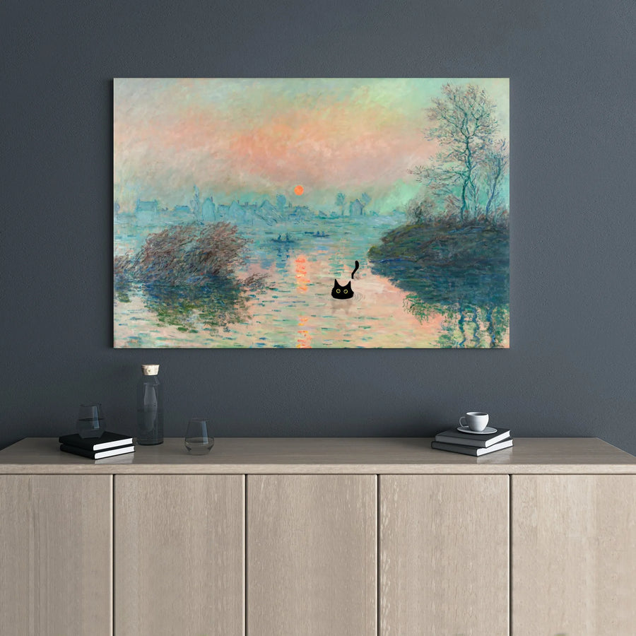Black Cat Monet Impressionism Canvas | Famous Art Parody Print | Premium 1.25 Inch Gallery Wrap | Unique Cat Lover Home Decor Gift